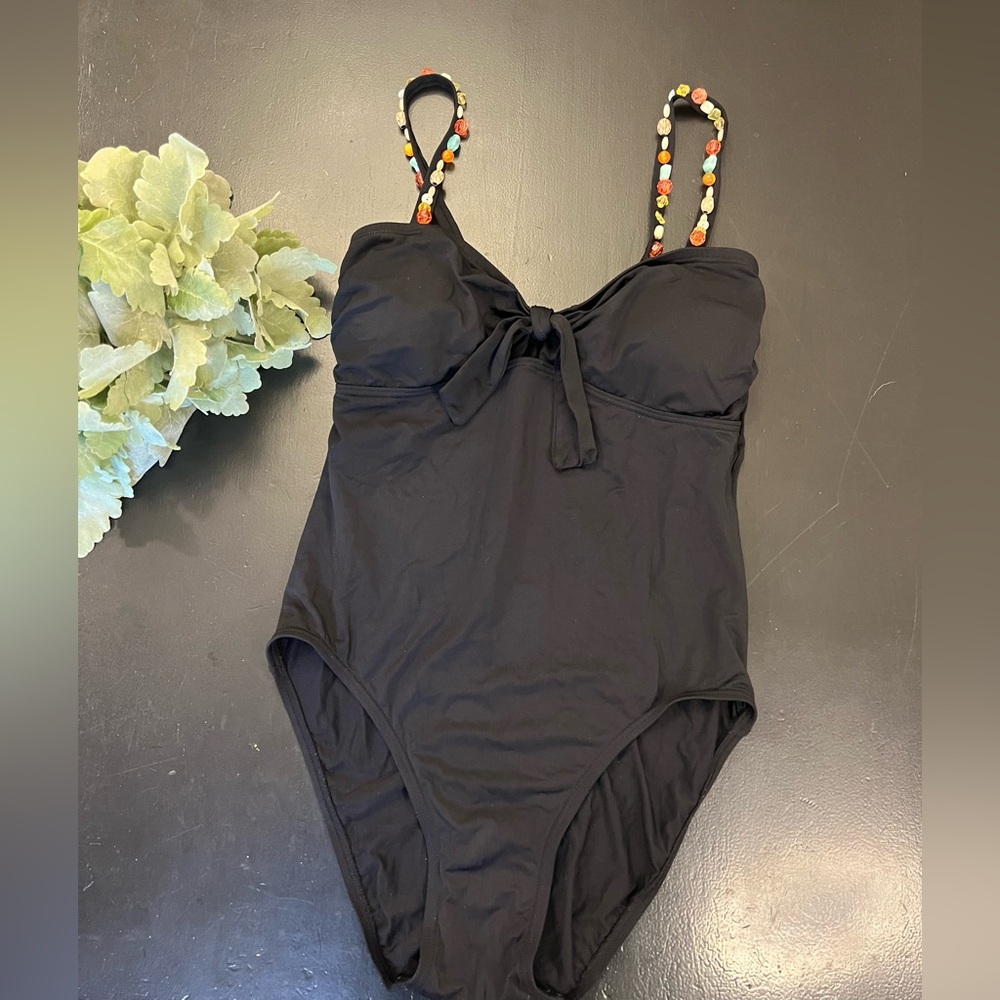 Coco‎ Reef Bra Sized Black Tie One Piece Swim Suit Colorful Beaded Straps Sz 36C
